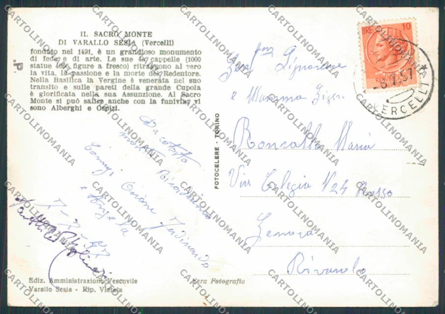Vercelli Varallo Sesia Funivia Sacro Monte foto FG cartolina BB3028 – retro