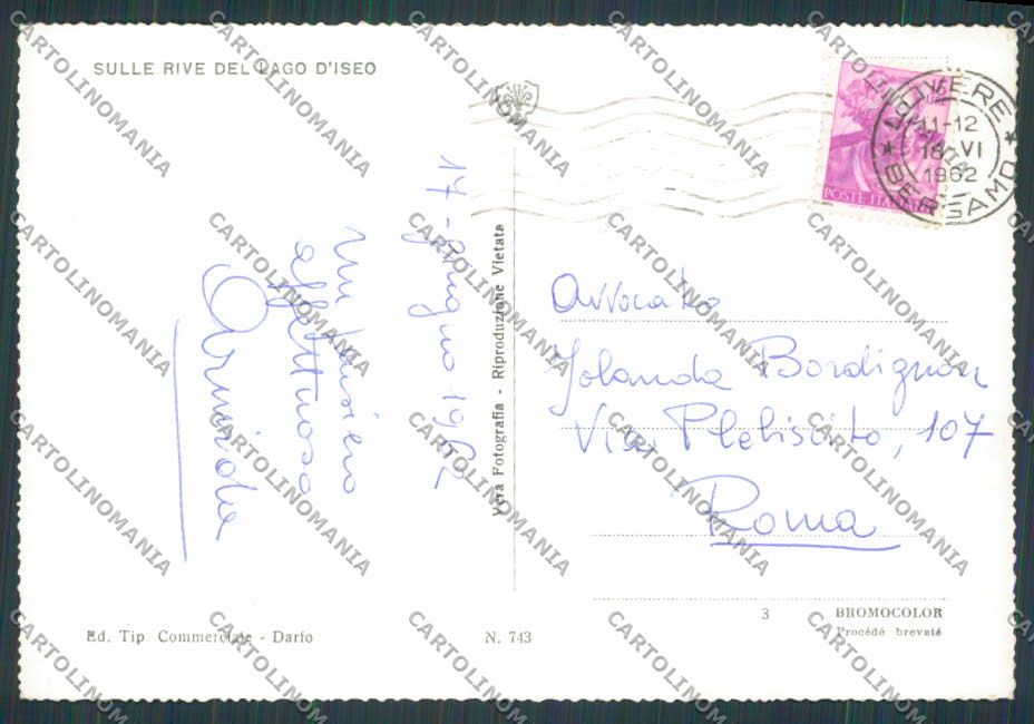 Bergamo Lago d'Iseo Lovere saluti da Isola Loreto foto FG cartolina BB3167 – retro