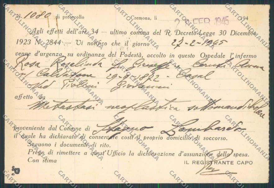 Cremona Città Ospedale FG cartolina BB3283 – retro