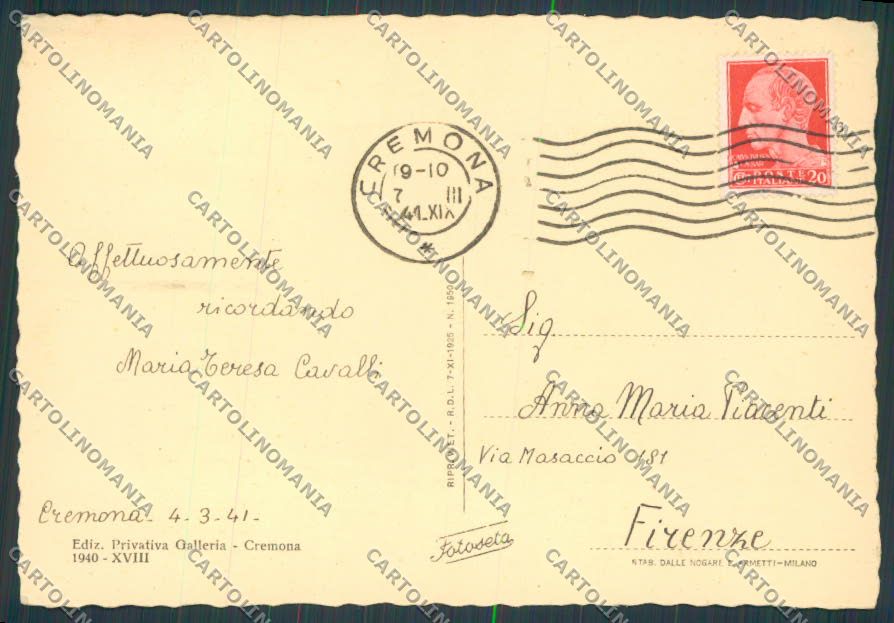 Cremona Città Corso Stradivari Fascismo FG cartolina BB3294 – retro