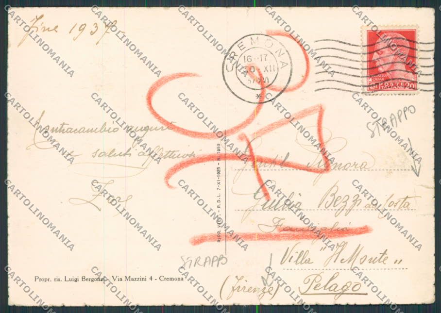 Cremona Città Galleria STRAPPI Fascismo FG cartolina BB3295 – retro