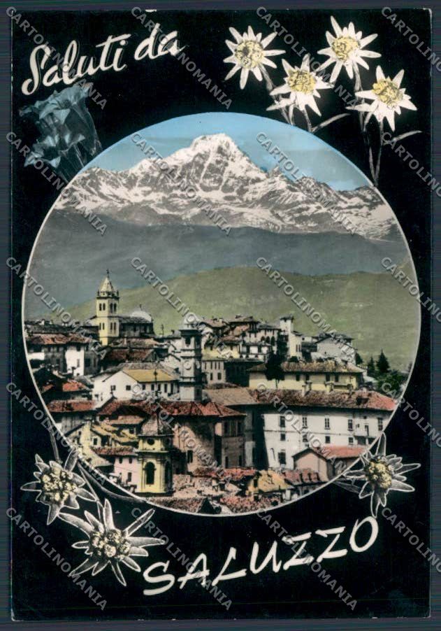Cuneo Saluzzo saluti da Panorama foto FG cartolina BB3406 – fronte