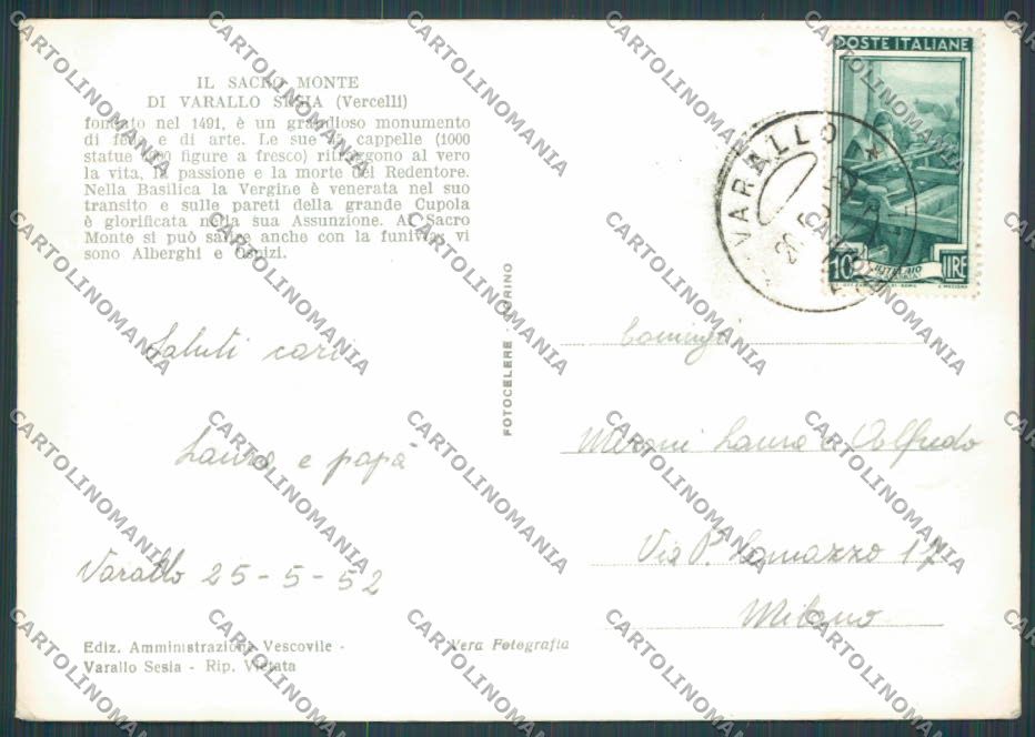 Vercelli Varallo Funivia Sacro Monte foto FG cartolina BB4135 – retro