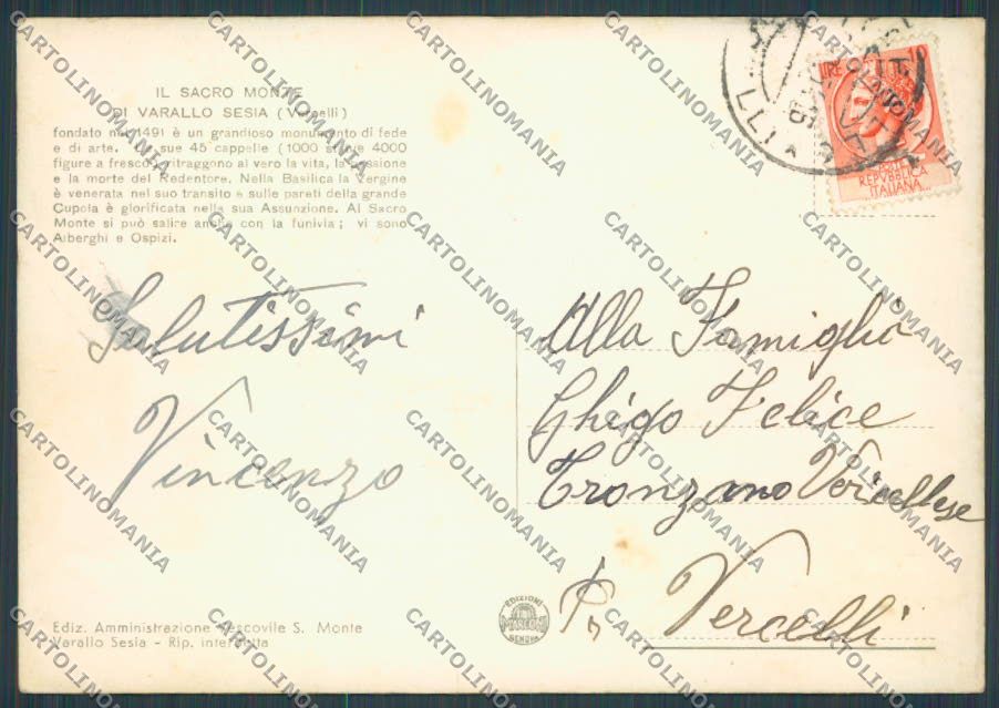 Vercelli Varallo Sacro Monte Basilica FG cartolina BB4138 – retro