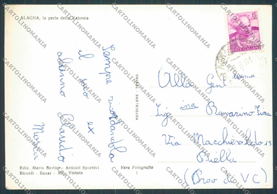 Vercelli Alagna Saluti da Funivia foto FG cartolina BB4147 – retro