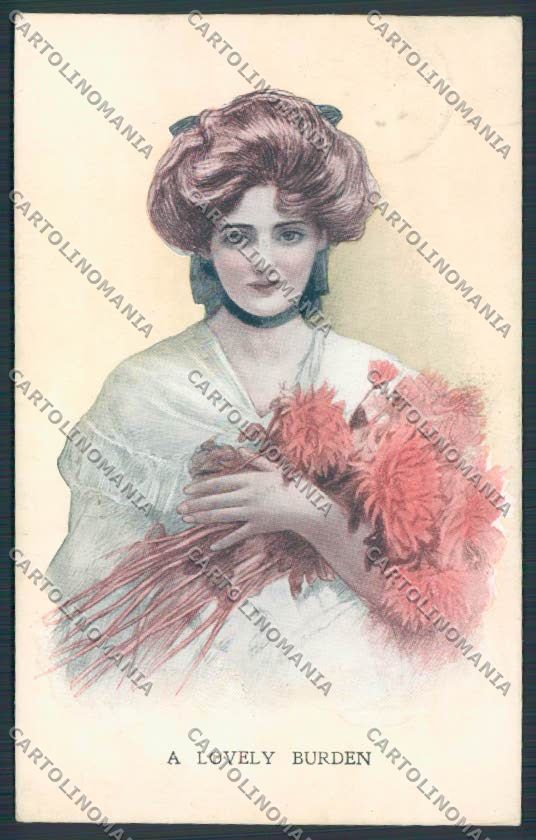 Artist Glamour Lady a Lovely Burden Chrysanthemums postcard BB5250 – fronte