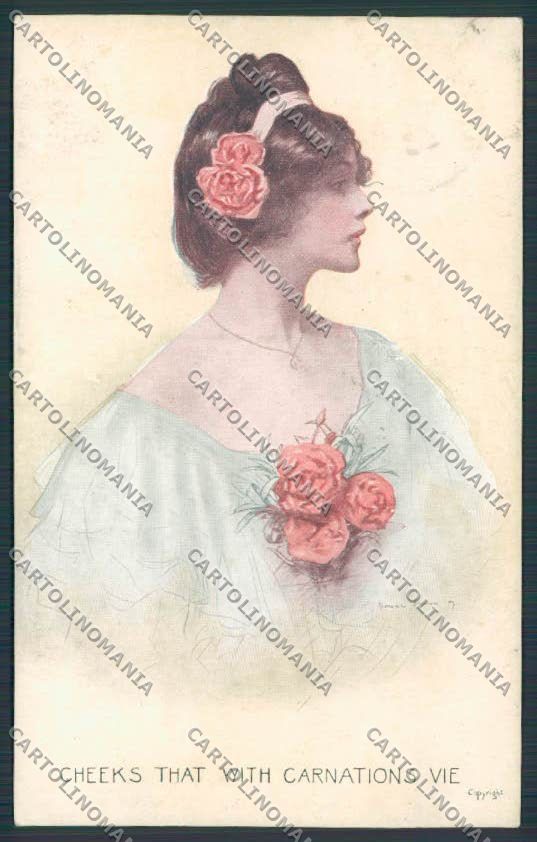 Artist Glamour Lady Cheeks That With Carnations Vie Roses postcard BB5251 – fronte