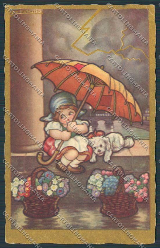 Artist Dernini girl dog flower art deco CORNER CREASE postcard BB5491 – fronte