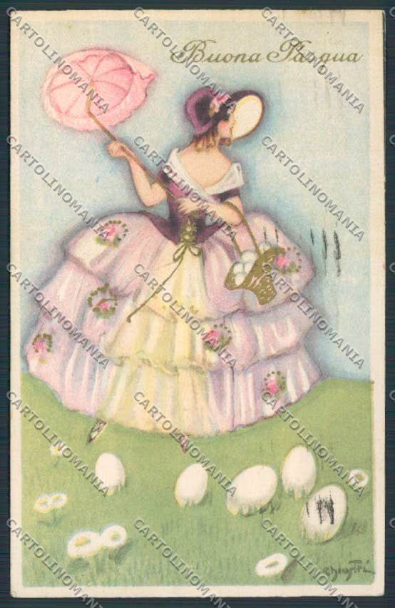Artist Chiostri Art Deco Easter Lady serie 200 postcard BB6227 – fronte
