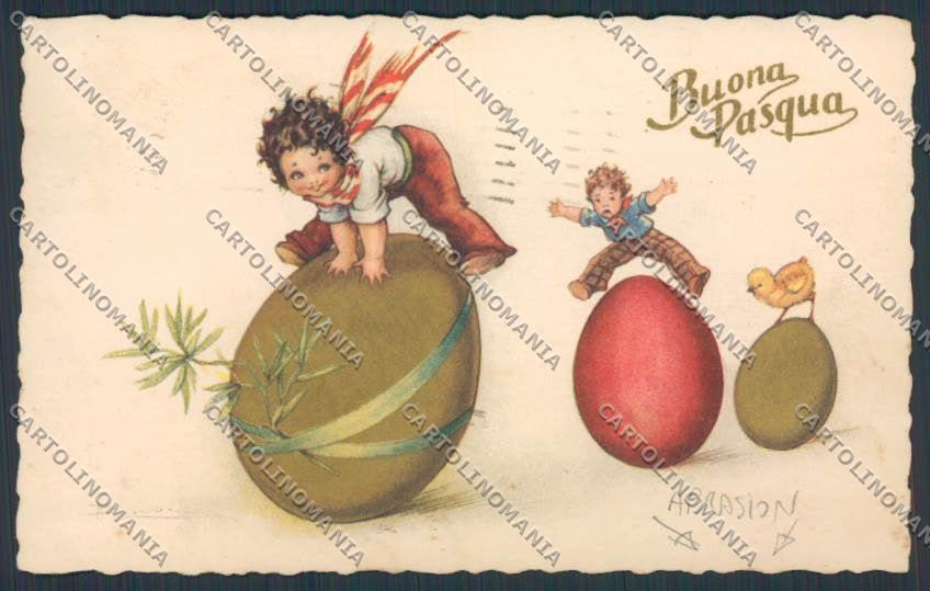 Artist Busi Art Deco Easter Child Eggs Degami 5344 ABRADED postcard BB6307 – fronte