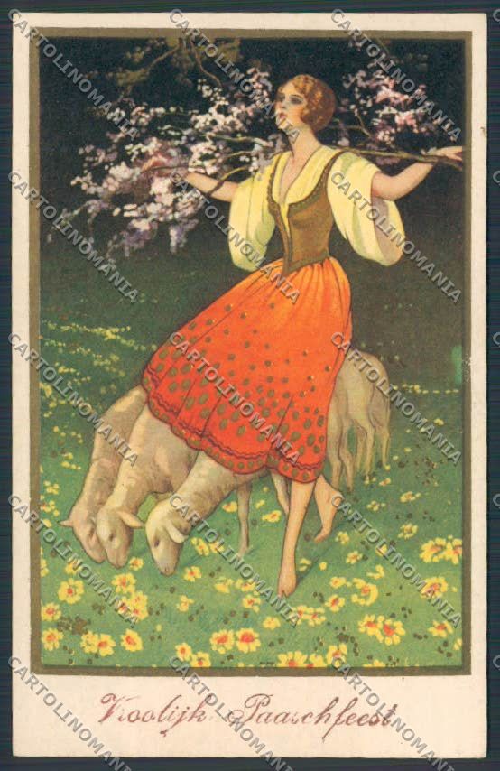 Artist Corbella Easter Lady Lambs Degami 3564 postcard BB6317 – fronte