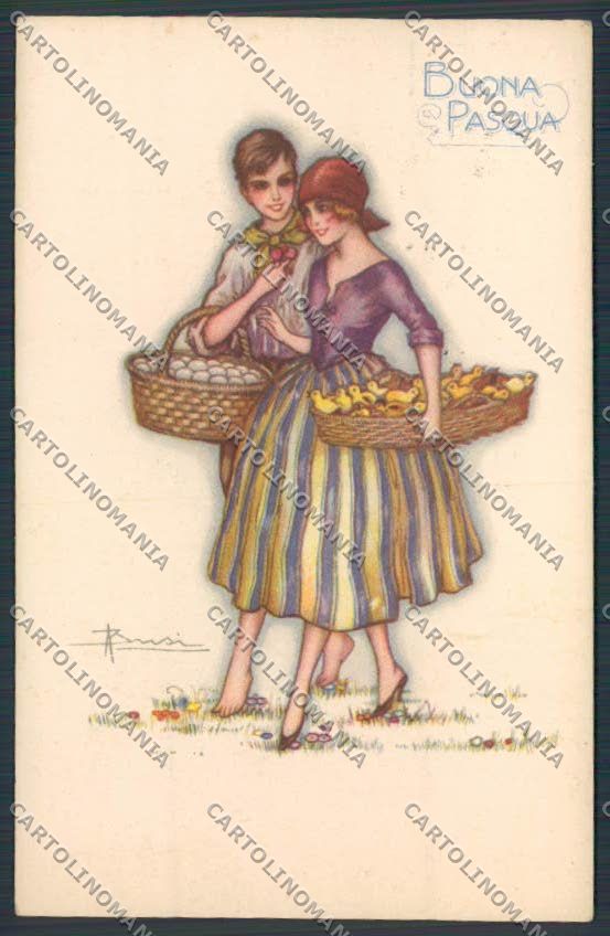 Artist Busi Easter Couple Lady Eggs serie 485 postcard BB6322 – fronte
