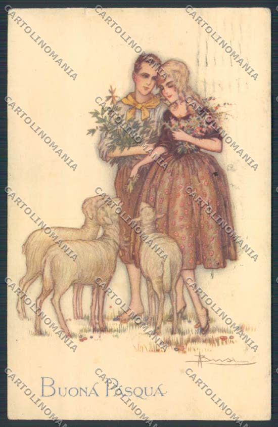 Artist Busi EasterCouple Lady Lambs serie 485 TEARED postcard BB6323 – fronte