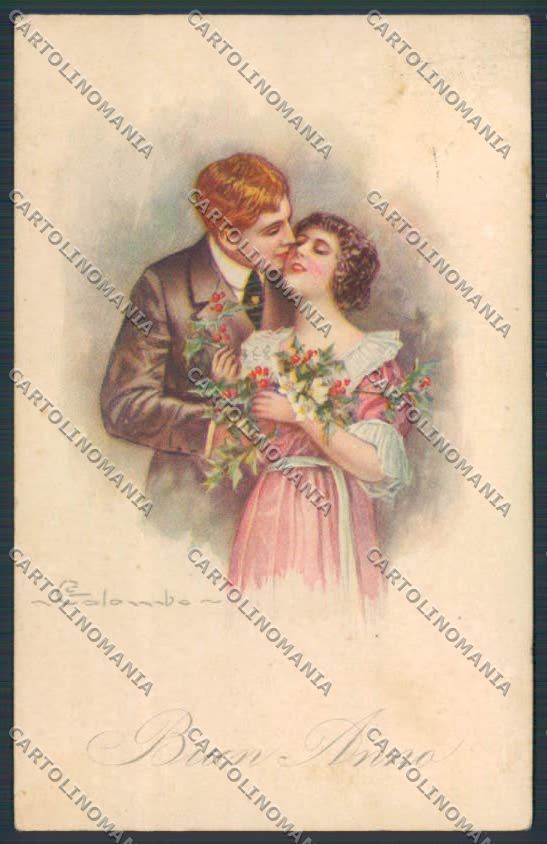 Artist Colombo Kissing Couple New Year serie 1710 ABRADED postcard BB6394 – fronte