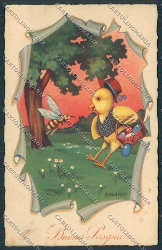 Artist Sgrilli chick bee Easter serie 2388 CREASED postcard cartolina BB6550 – fronte