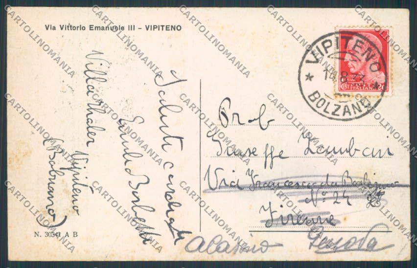 Bolzano Vipiteno Sterzing Via Vittorio EmanueleIII PIEGHINA cartolina BB7209 – retro