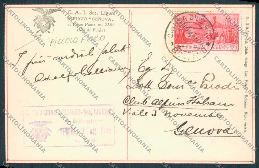 Bolzano Rifugio Genova Cai Sezione Ligure FORO cartolina BB7517 – retro