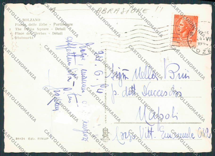 Bolzano Città Piazza Erbe ABRASA FG cartolina BB7714 – retro