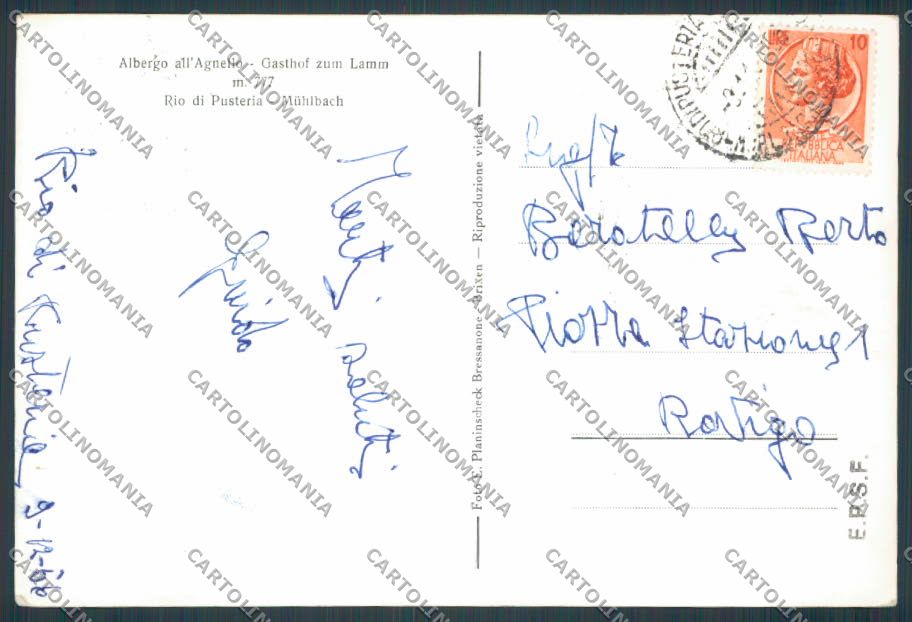 Bolzano Rio Pusteria Albergo Agnello foto FG cartolina BB7857 – retro
