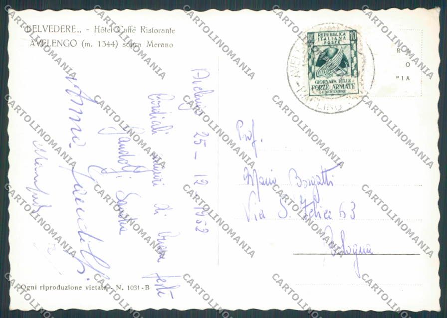 Bolzano Merano Avelengo Hotel Belvedere foto FG cartolina BB7876 – retro
