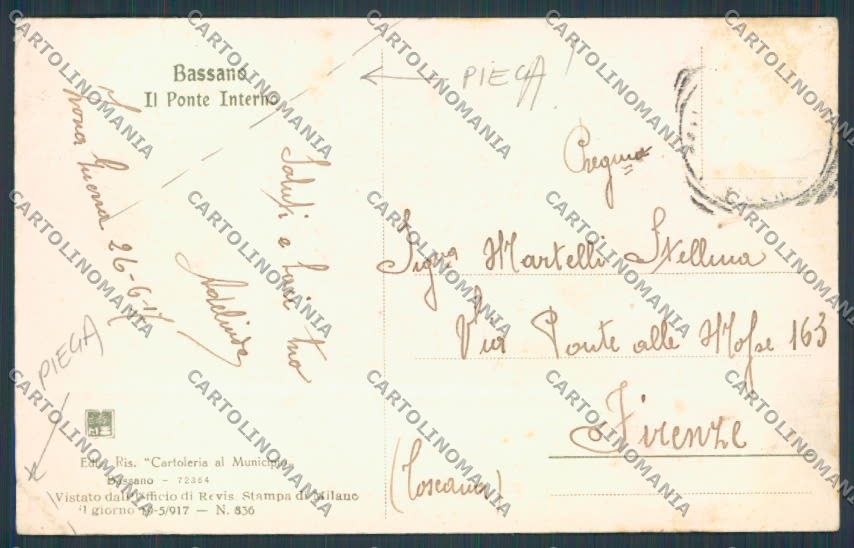 Vicenza Bassano Ponte Interno PIEGHE cartolina BB8322 – retro