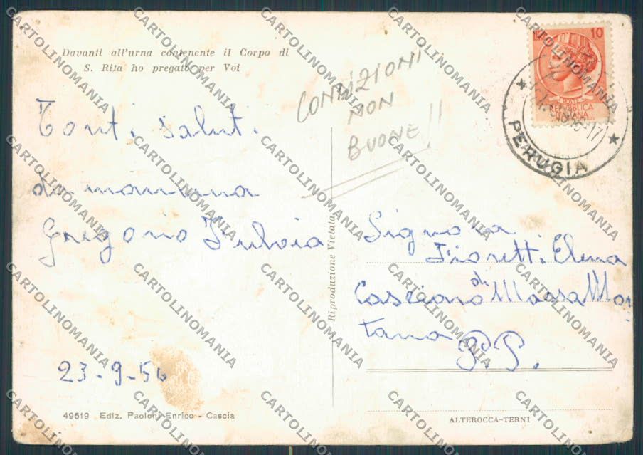 Perugia Cascia Saluti da MACCHIE PIEGHE FG cartolina BB8922 – retro