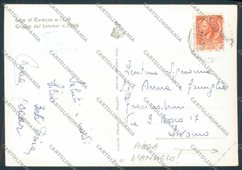 Bolzano Carezza Lago di PIEGA foto FG cartolina BB9419 – retro