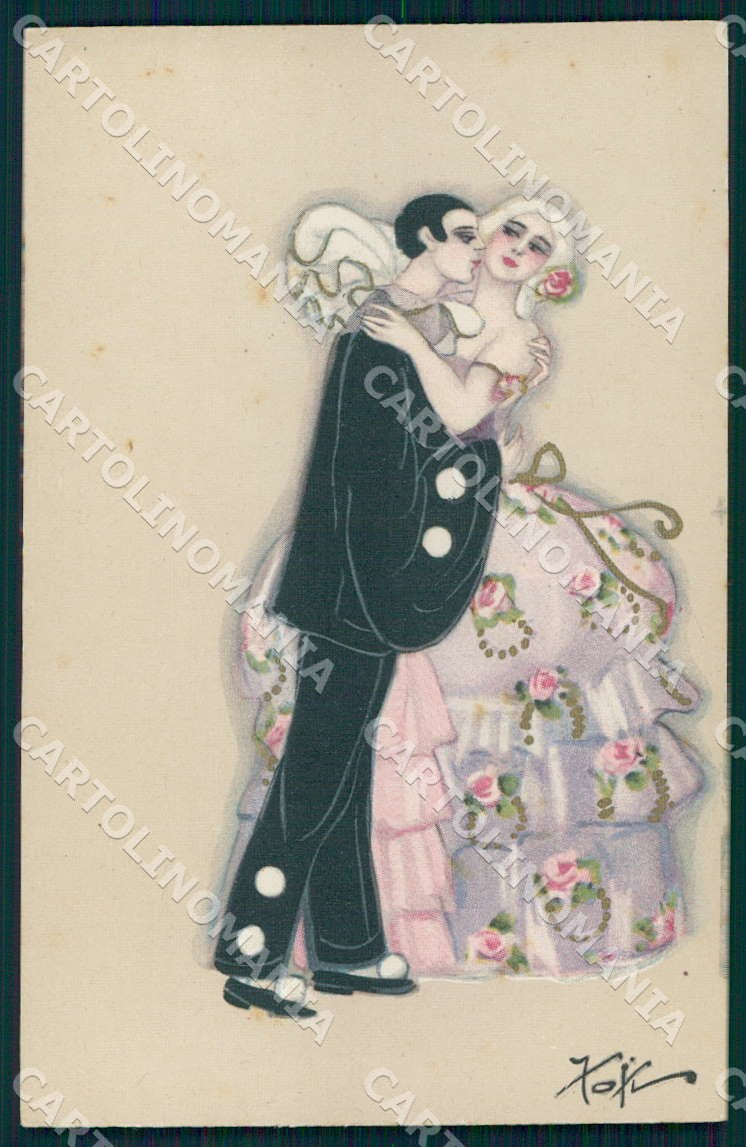 Artist Fofi Chiostri Art Deco Kissing Couple Pierrot serie 165 postcard CT0047 – fronte