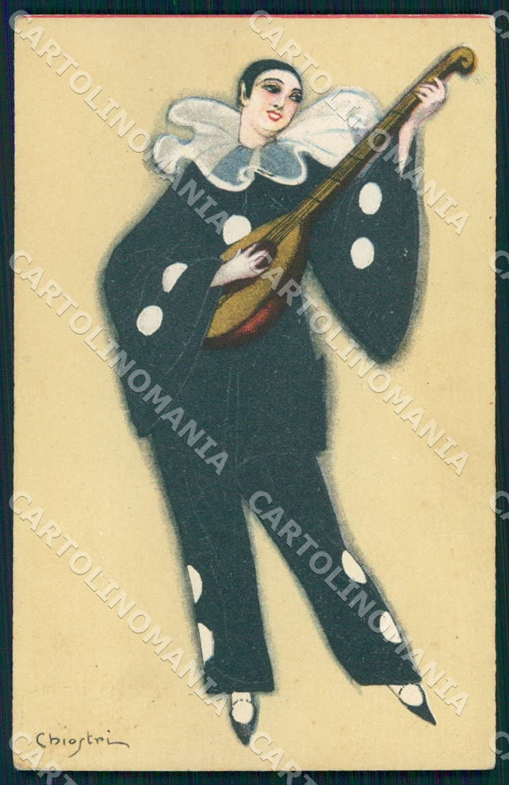 Artist Chiostri Art Deco Pierrot Mandolin serie 167 ABRADED postcard CT0054 – fronte