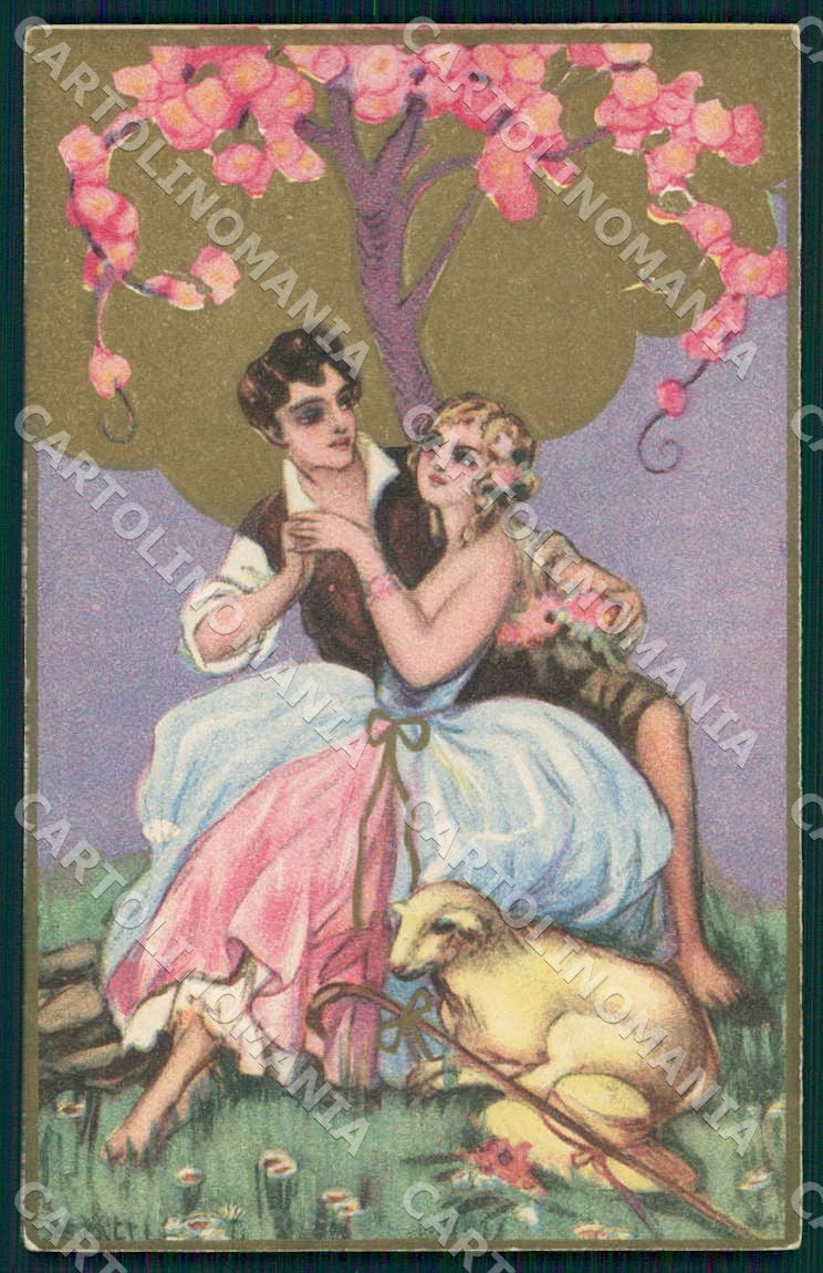 Artist Chiostri Art Deco Easter Lamb Shepherd Couple serie 183 postcard CT0056 – fronte