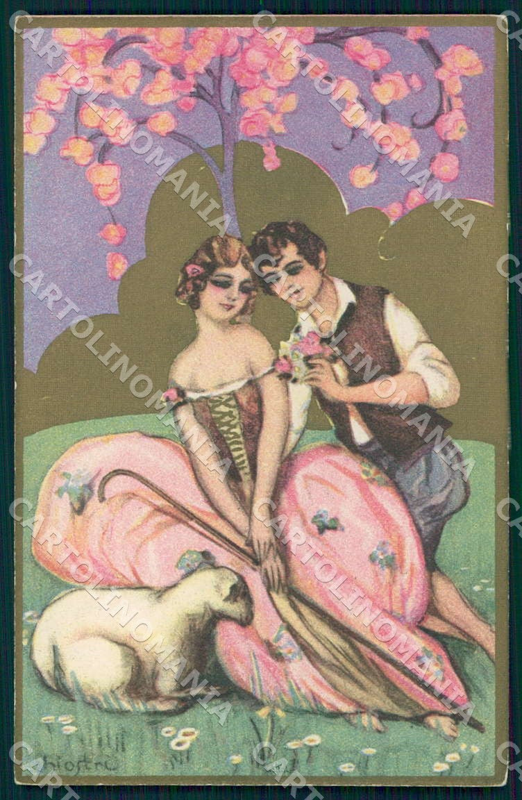 Artist Chiostri Art Deco Easter Lamb Shepherd Couple 183 postcard CT0058 – fronte
