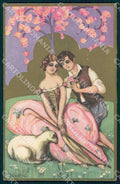 Artist Chiostri Art Deco Easter Lamb Shepherd Couple 183 postcard CT0058 – fronte