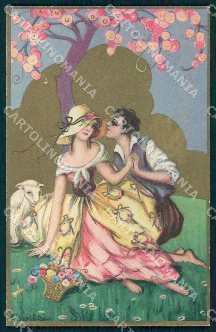 Artist Chiostri Art Deco Easter Lamb Shepherd Couple 183 postcard CT0059 – fronte