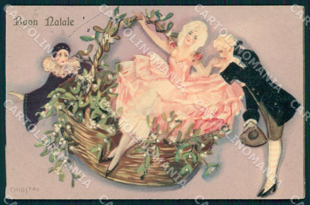 Artist Chiostri Art Deco Fashion Pierrot Couple Christmas 340 postcard CT0061 – fronte