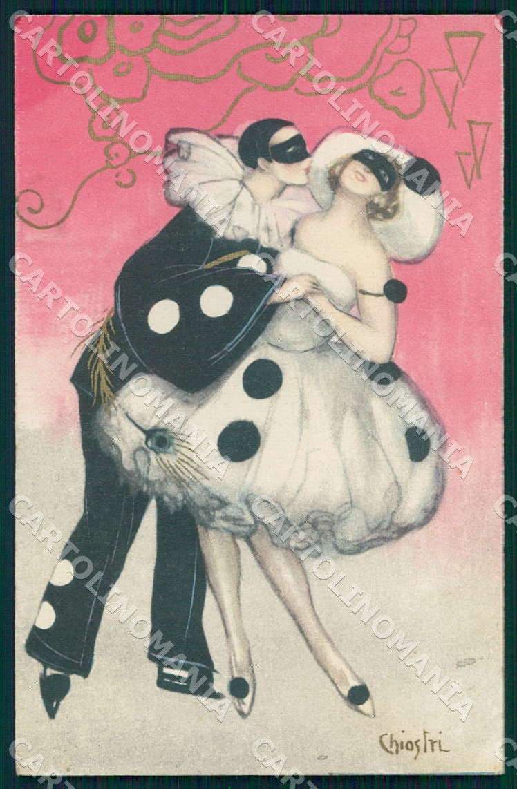 Artist Chiostri Art Deco Glamour Pierrot Columbine Carnival 197 postcard CT0064 – fronte