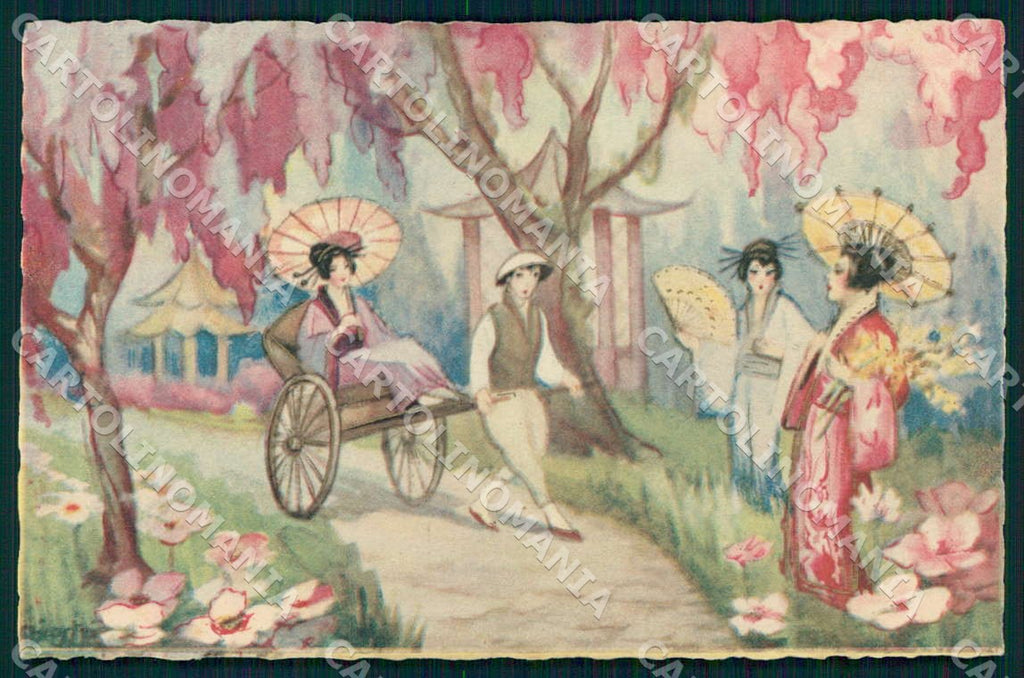 Artist Chiostri Art Deco Fashion Geisha Japanese Lady 318 CREASE postcard CT0077 – fronte
