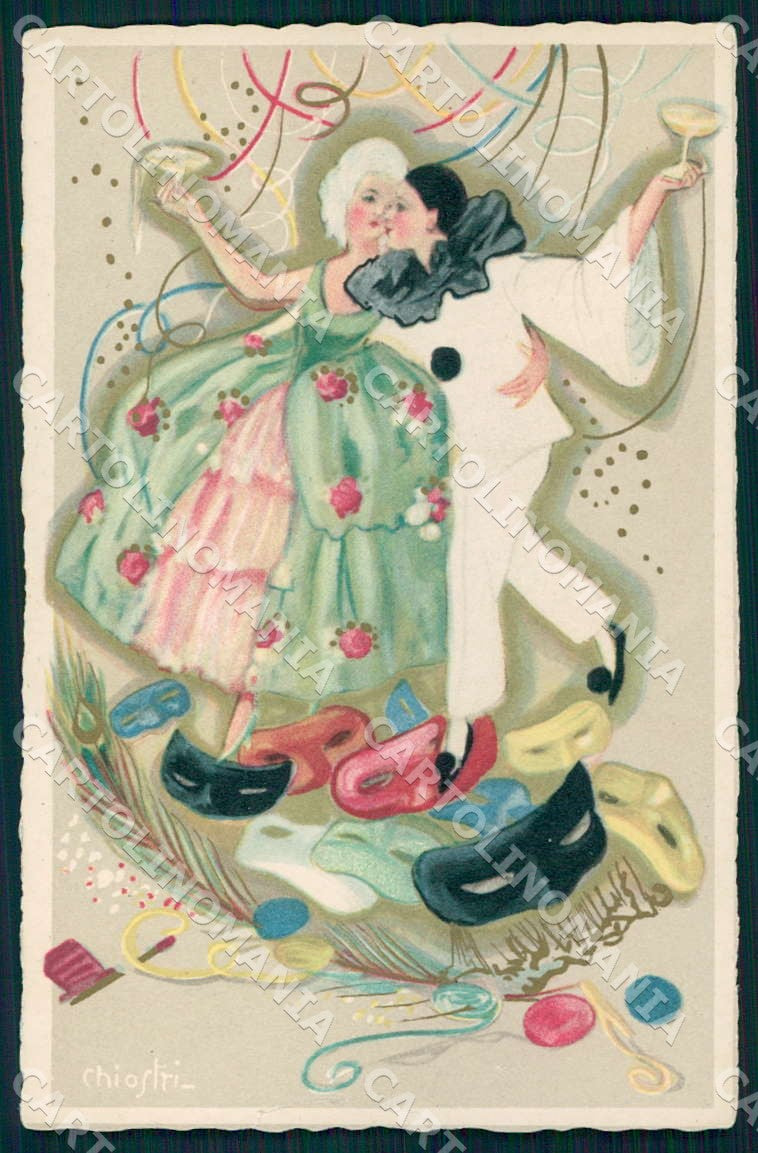 Artist Chiostri Art Deco Toasting Pierrot Carnival 364 TEARED postcard CT0086 – fronte