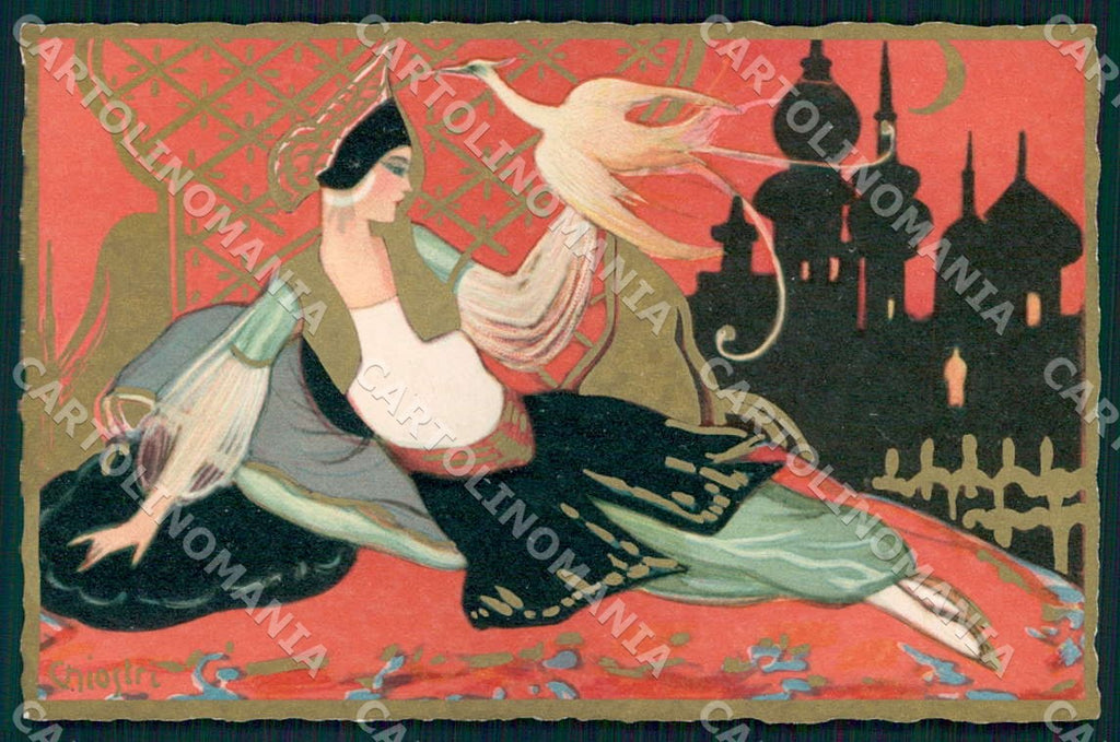 Artist Chiostri Art Deco Paradise Bird Glamour Oriental Lady 354 postcard CT0091 – fronte