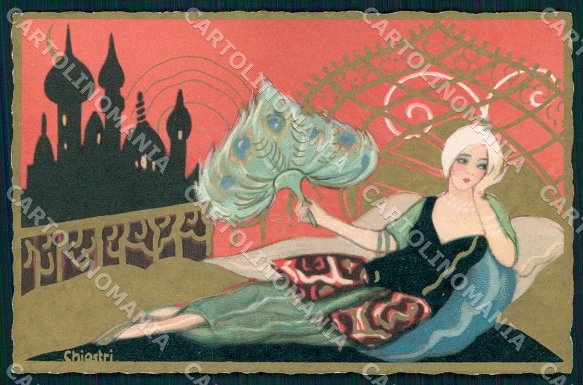 Artist Chiostri Art Deco Fan Glamour Oriental Lady 354 postcard CT0092 – fronte