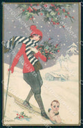 Artist Chiostri Art Deco Fashion Skiing Girl Cupid Christmas 185 postcard CT0094 – fronte