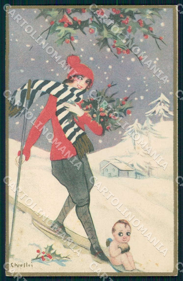 Artist Chiostri Art Deco Fashion Skiing Girl Cupid Christmas 185 postcard CT0094 – fronte