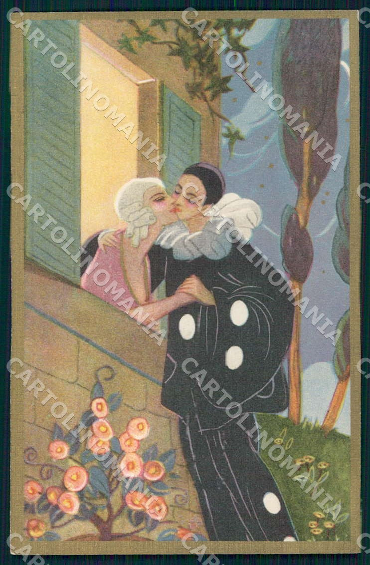Artist Chiostri Art Deco Glamour Kissing Pierrot 212 postcard CT0097 – fronte