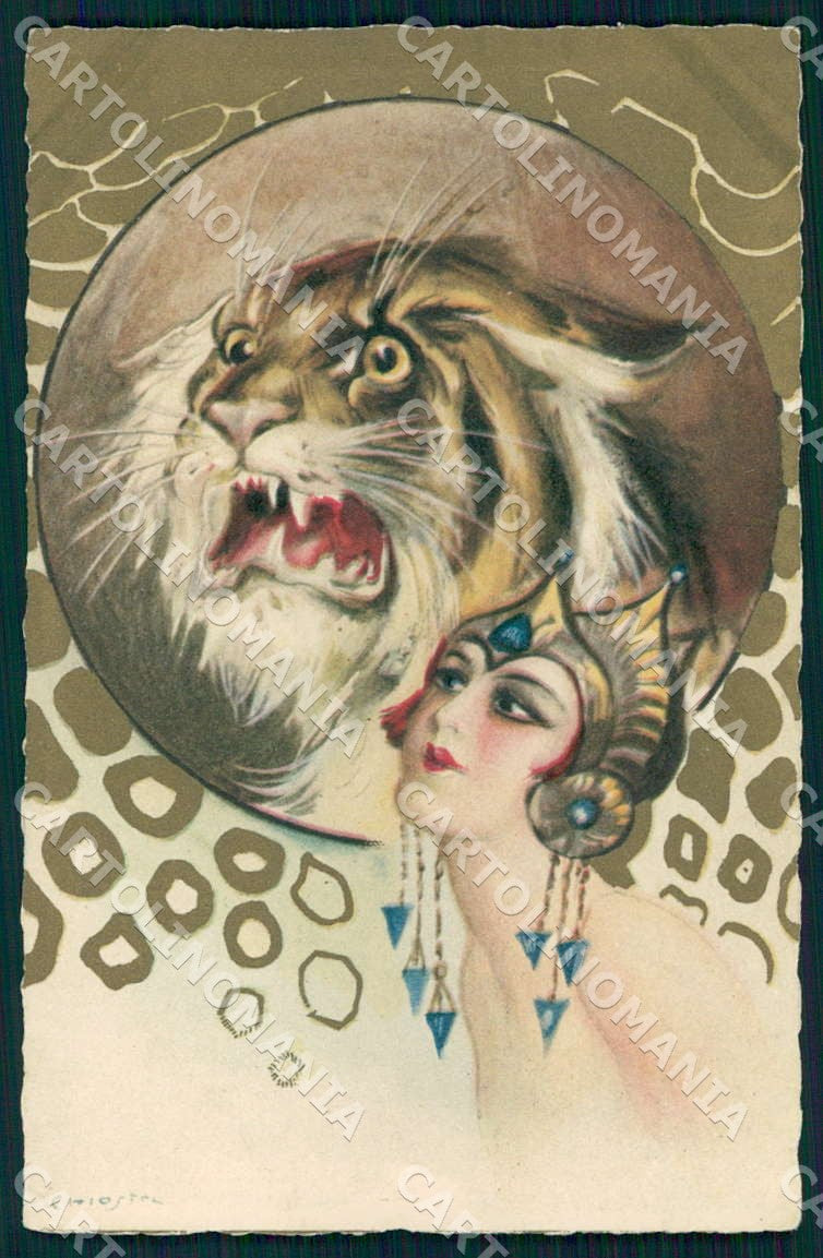 Artist Chiostri Art Deco Glamour Lady Tiger Circus 320 postcard CT0106 – fronte