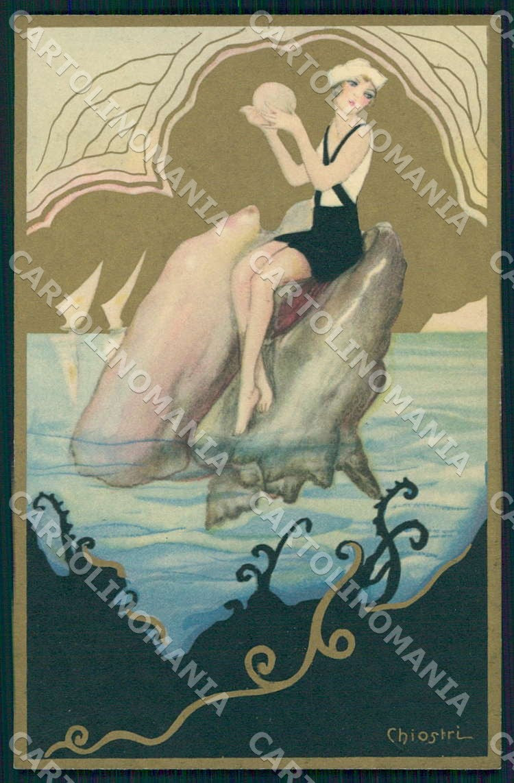 Artist Chiostri Art Deco Pearl Shell Bathing Beauty Lady 350 postcard CT0107 – fronte