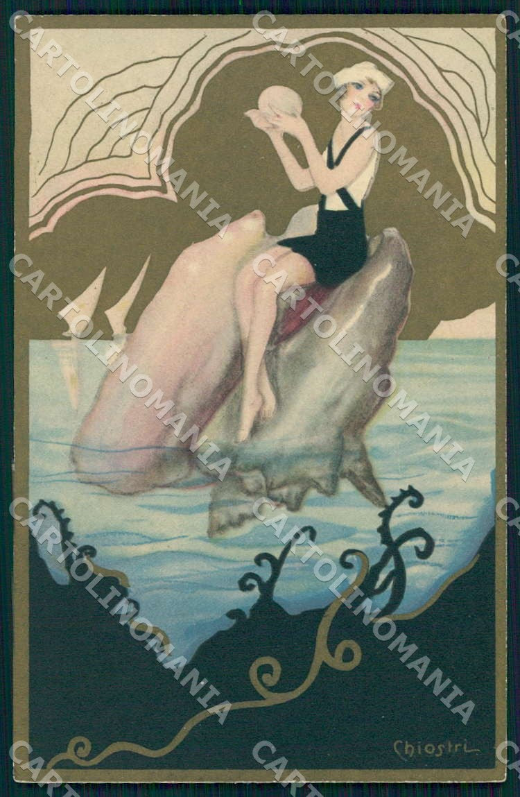 Artist Chiostri Art Deco Shell Pearl Bathing Beauty Lady 350 postcard CT0108 – fronte