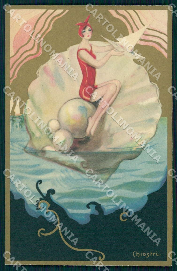 Artist Chiostri Art Deco Shell Pearl Bathing Beauty Lady 350 postcard CT0109 – fronte
