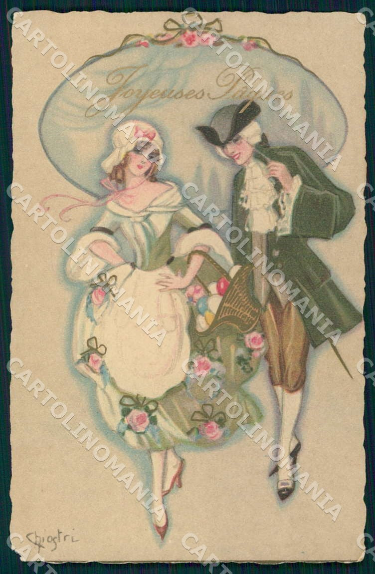 Artist Chiostri Art Deco Fashion Couple Easter 233 CORNER FAULT postcard CT0111 – fronte