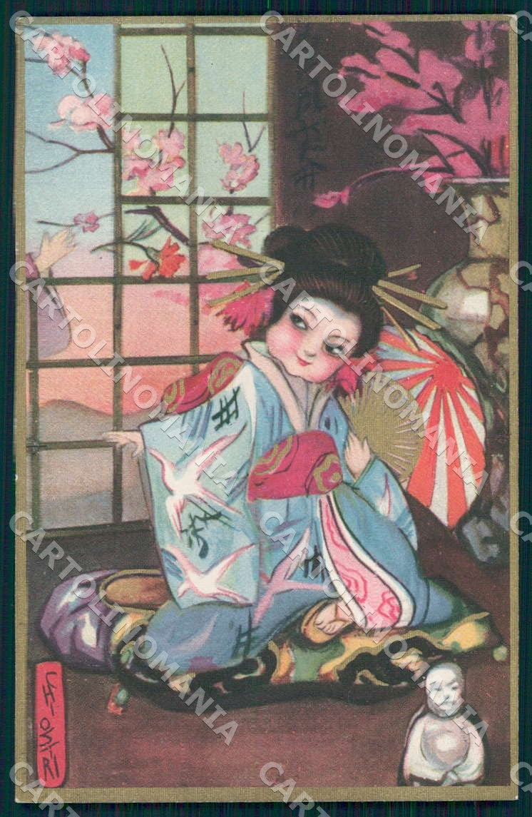 Artist Chiostri Art Deco Fan Japanese Geisha Girl 184 postcard CT0113 – fronte