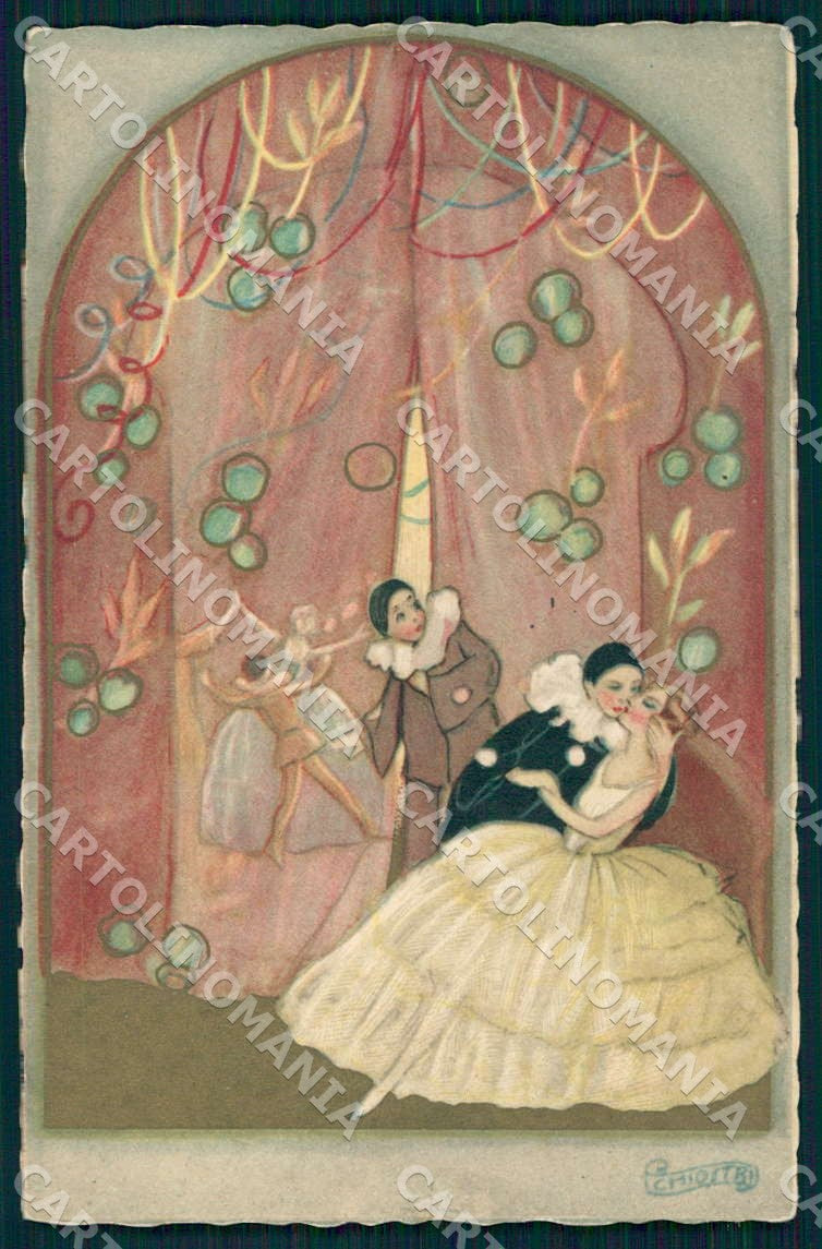 Artist Chiostri Art Deco Kissing Pierrot Carnival Lady 363 postcard CT0121 – fronte