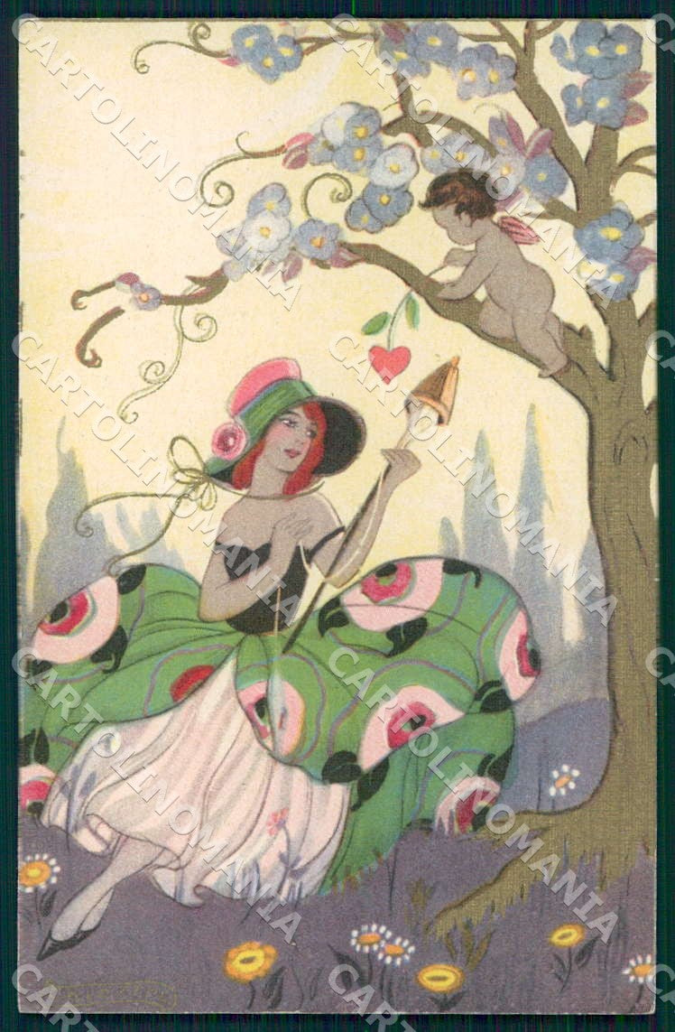 Artist Chiostri Art Deco Fashion Lady Cupid 237 CORNER CREASE postcard CT0130 – fronte